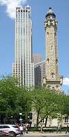 The Chicago Water Tower is situated at 800 N. Michigan Avenue. It was constructed in 1869 using big limestone blocks. The tower, with all its small towers is in a 'gothic style', resembles more a tiny European 13th century castle than a water tower. It houses a 40 meter standpipe which was needed to equalize the pressure of the water pumped from the pumping station to the east.